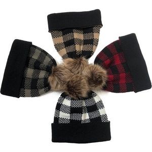 Plaid Beanie Hat with Faux Fur Pom 2