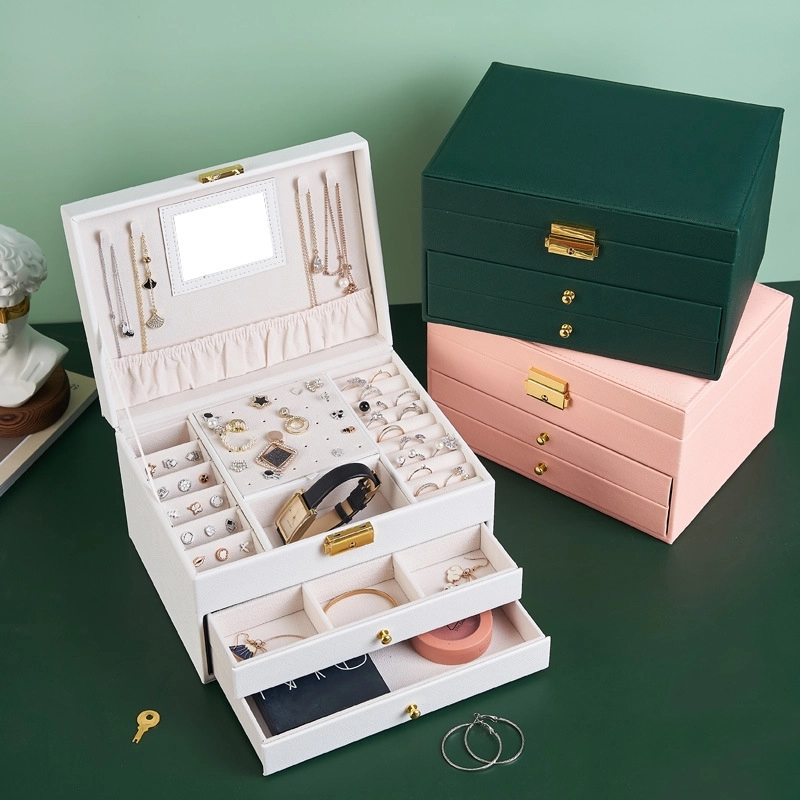 Custom 3-Layer PU Jewelry Organizer Box with Drawer & Mirror 16