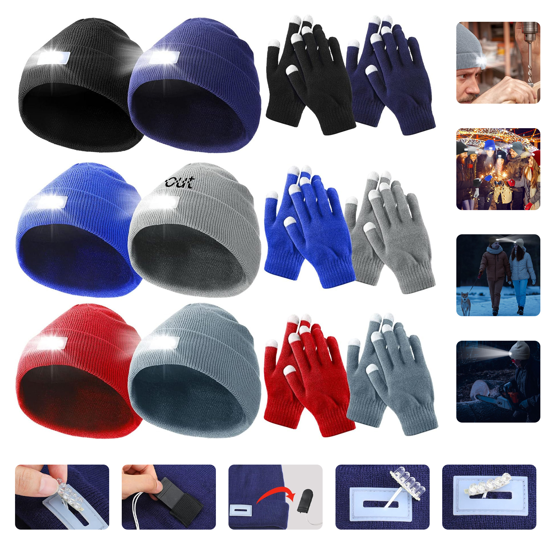Battery Powered Headlamp Caps Touch Screen Knit Gloves 2