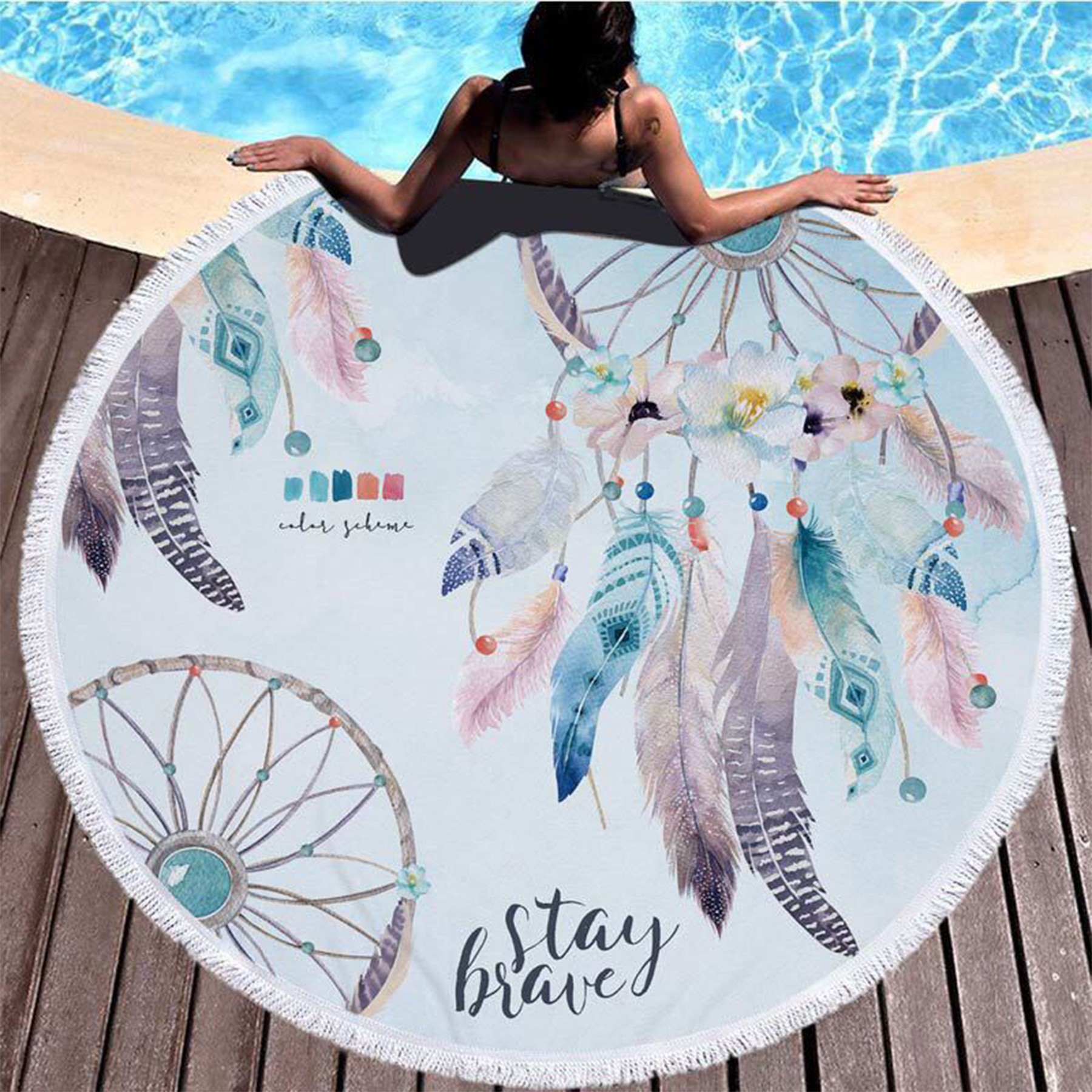 Dreamcatcher Printing Round Beach Towel With Tassels 3