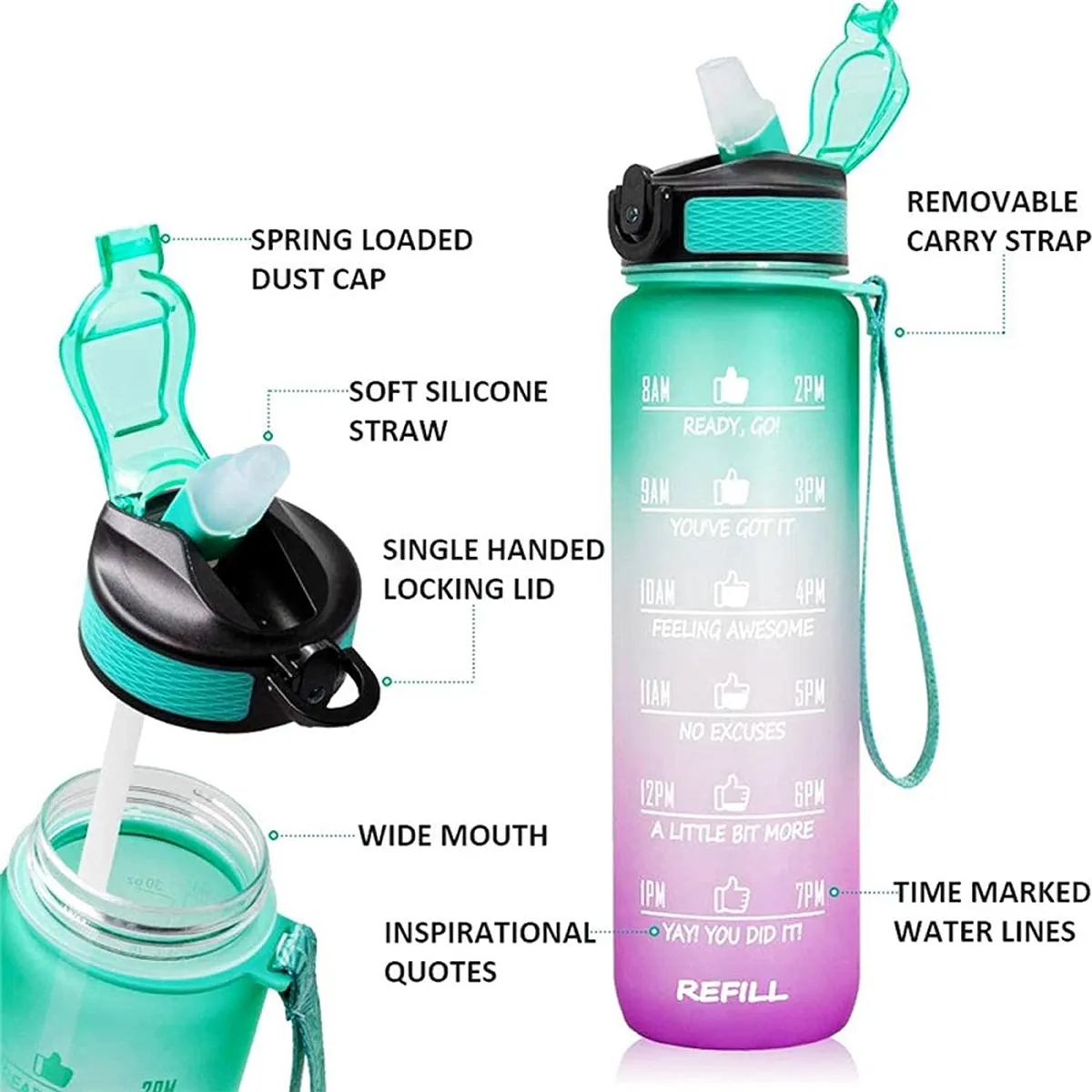 32oz Sport Motivational Time Marker Water Bottle With Straw 2