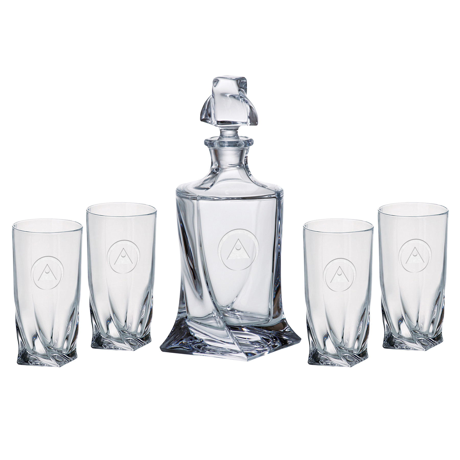 Quadro Decanter (28.75 oz.) with Four Matching (11.75 oz.) Quadro Highball Glasses (5 Piece Set)