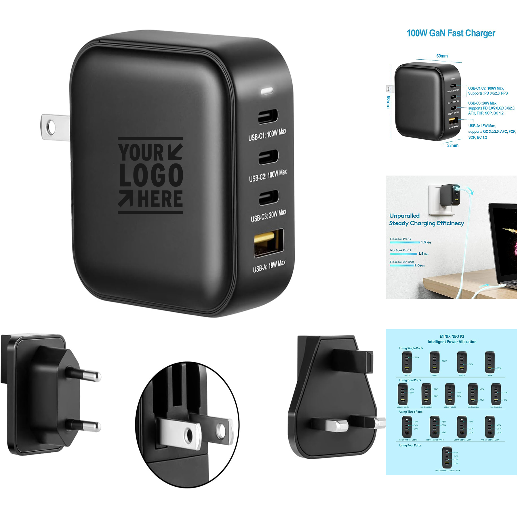 1000 mAh 3 x USB-C Port 1 x USB-A Charging Adapter P3 100W Turbo 4-Ports GaN Wall Fast Charger