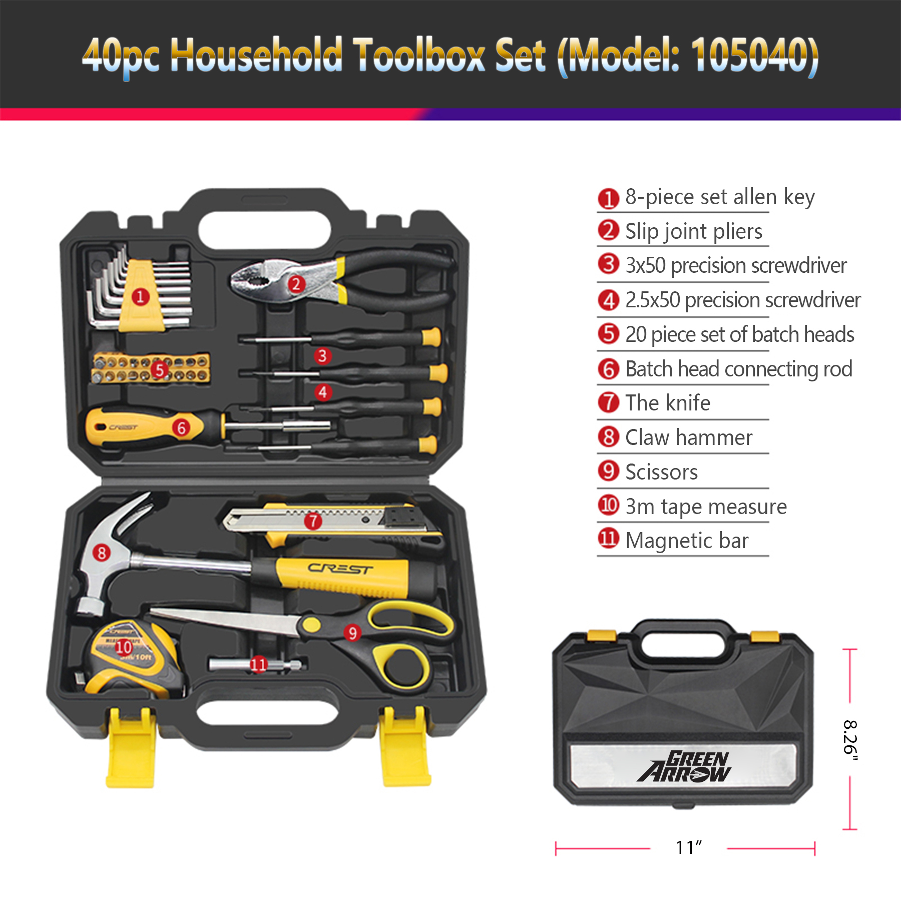HandyPro 40pc Household Toolbox Set with Hammer, Screwdrivers, and Tape Measure 9