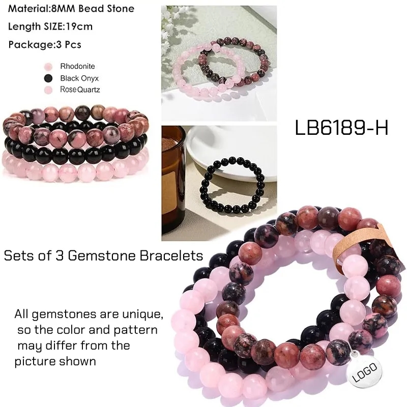 BULK Round Beaded Gemstone Bracelets Wholesale 3 PCS Set 2