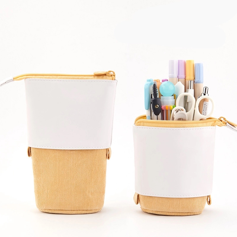 PU & Corduroy Stand-up Retractable Pen Pencil Organizer Bag 2