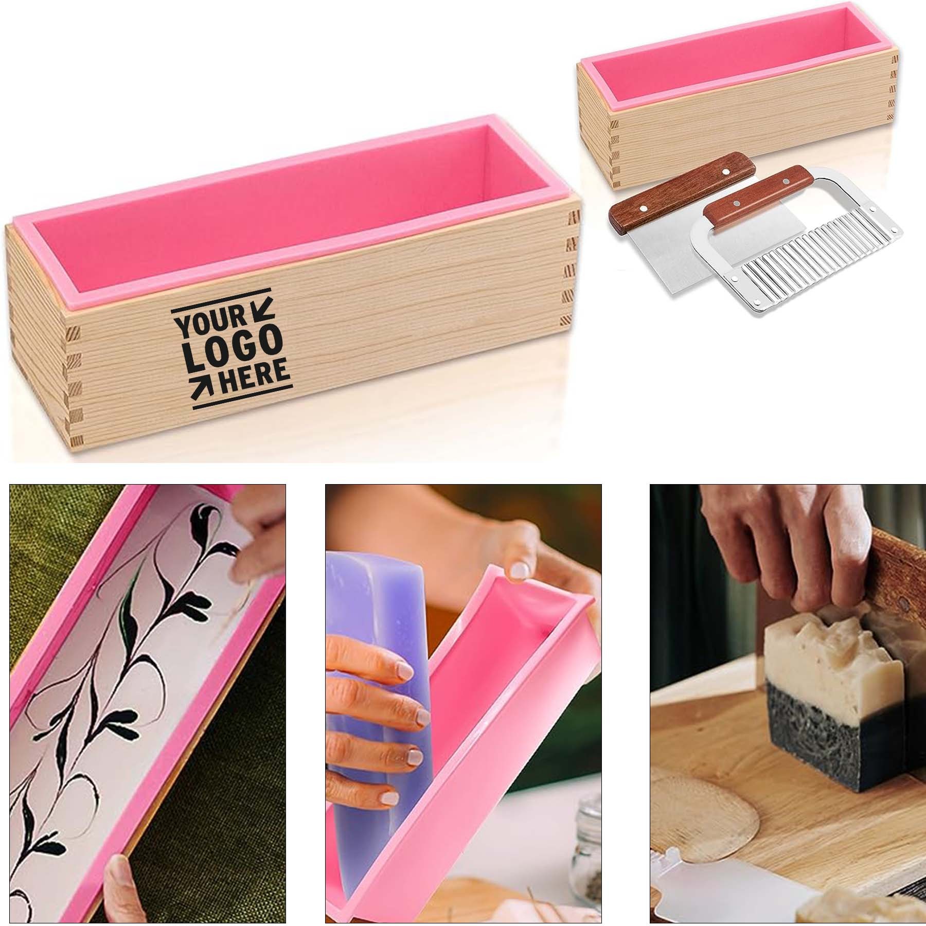 2 Pcs 42 oz Wooden Box Flexible Silicone Rectangular Loaf Soap Mold Kit with Stainless Steel Cutters 2