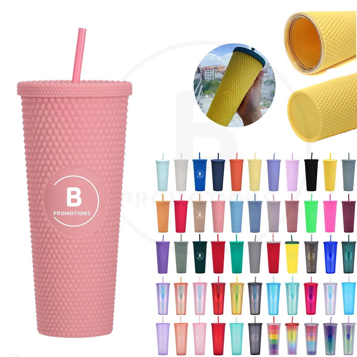24oz Double Wall Plastic Studded Tumbler with Lid and Straw 3