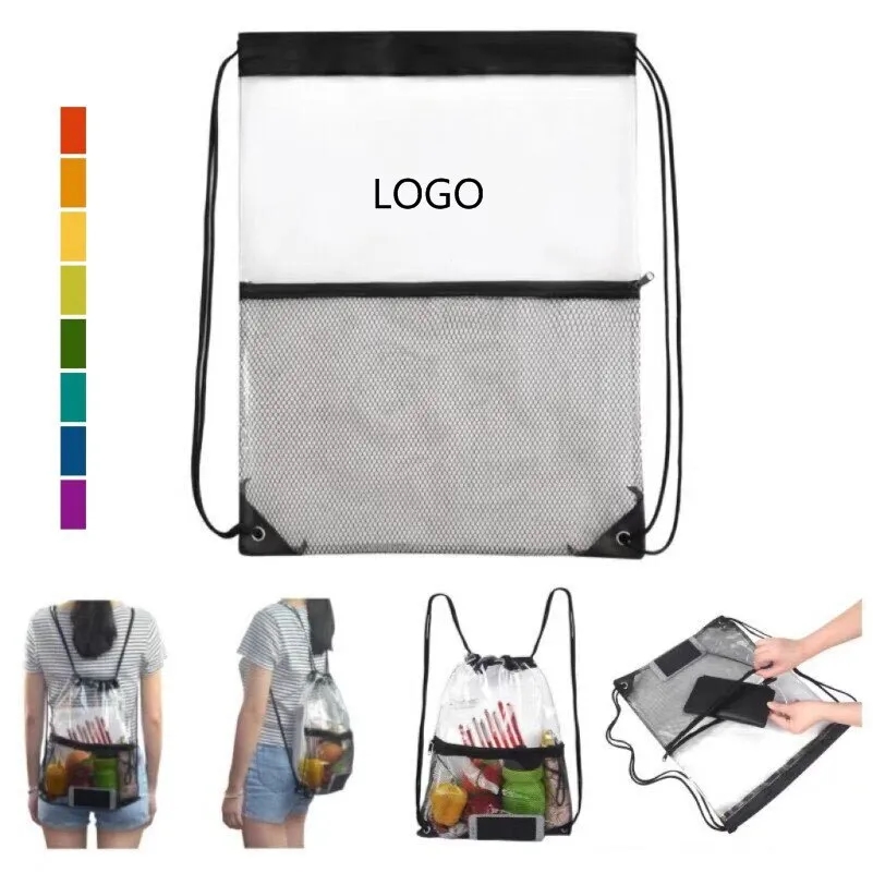 Clear PVC Drawstring Cinch Sack Backpack With Front Zipper 4