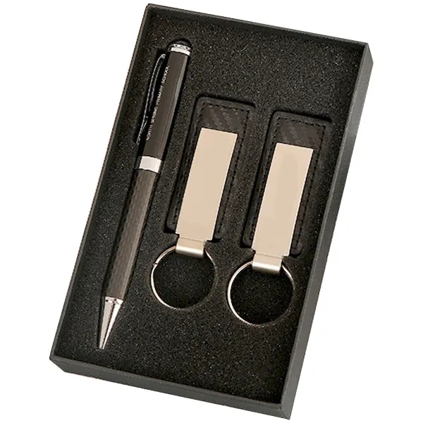 Dual Leatherette Keychains and Ballpoint Pen Gift Set 4