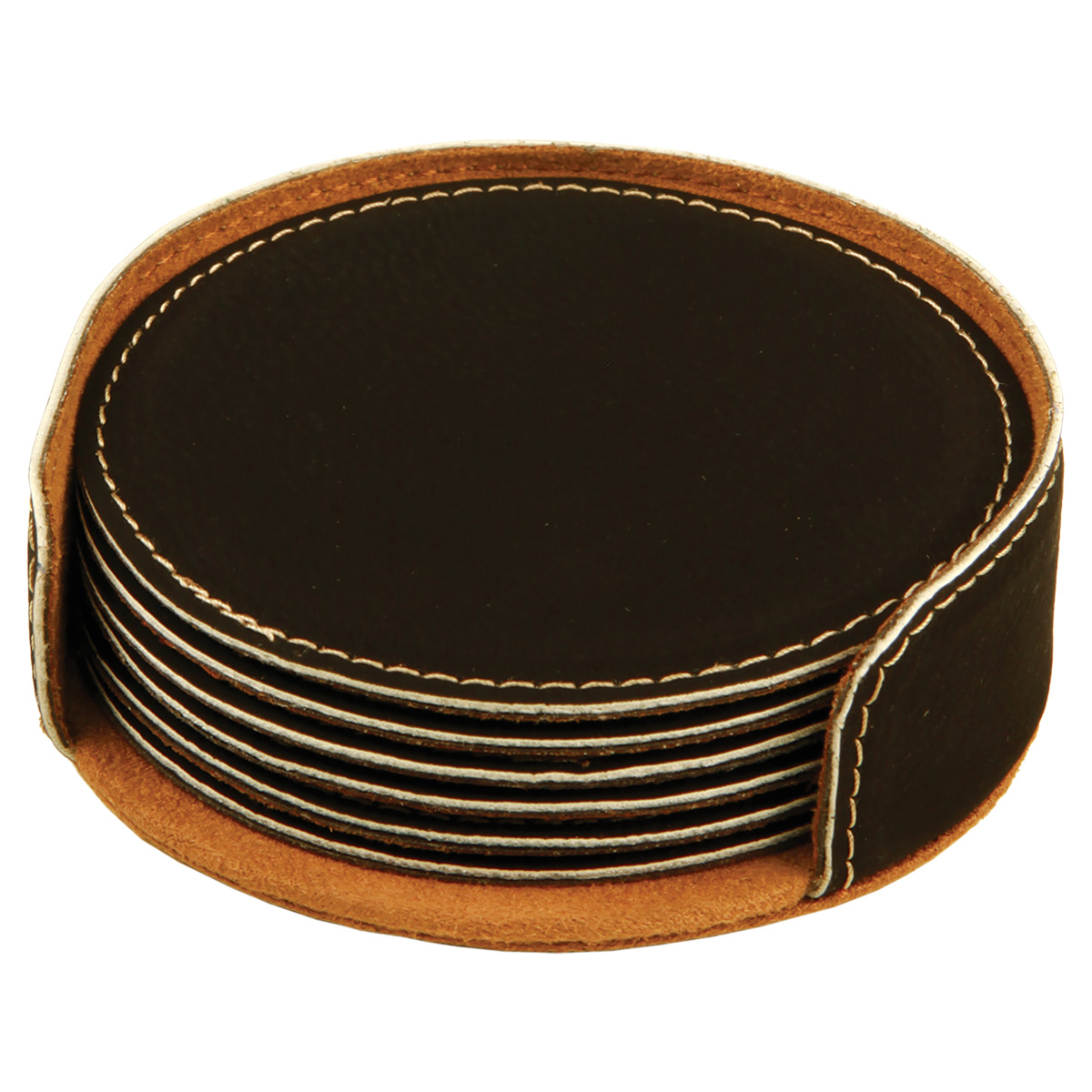 Black/Gold Leatherette Round Coaster Set 2