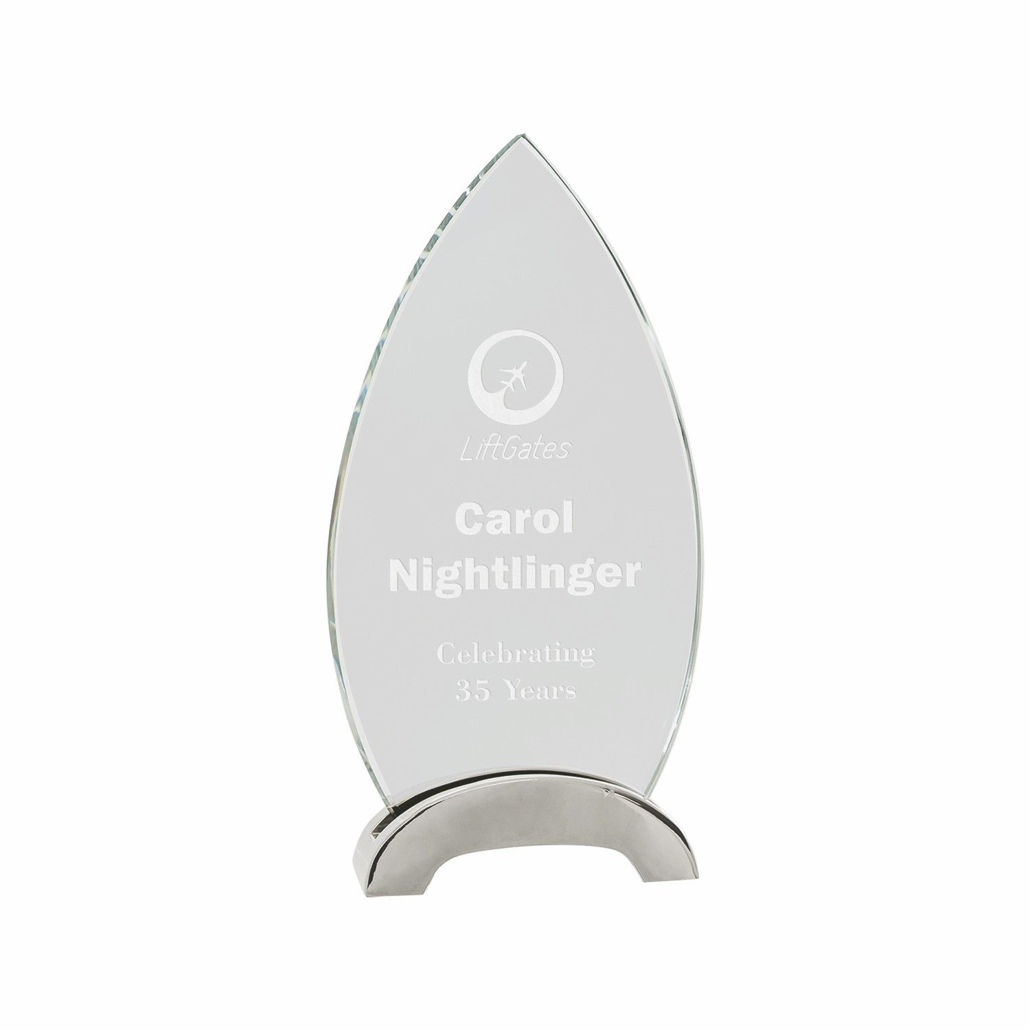 8 1/2" Clear Oval Platinum Glass Award w/ Arch Metal Base