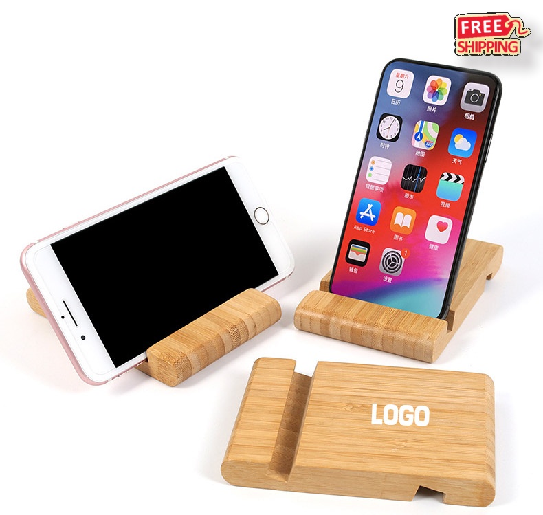 Custom Logo Dual Slot Bamboo Phone Stand Bulk for Office Desk Use 2