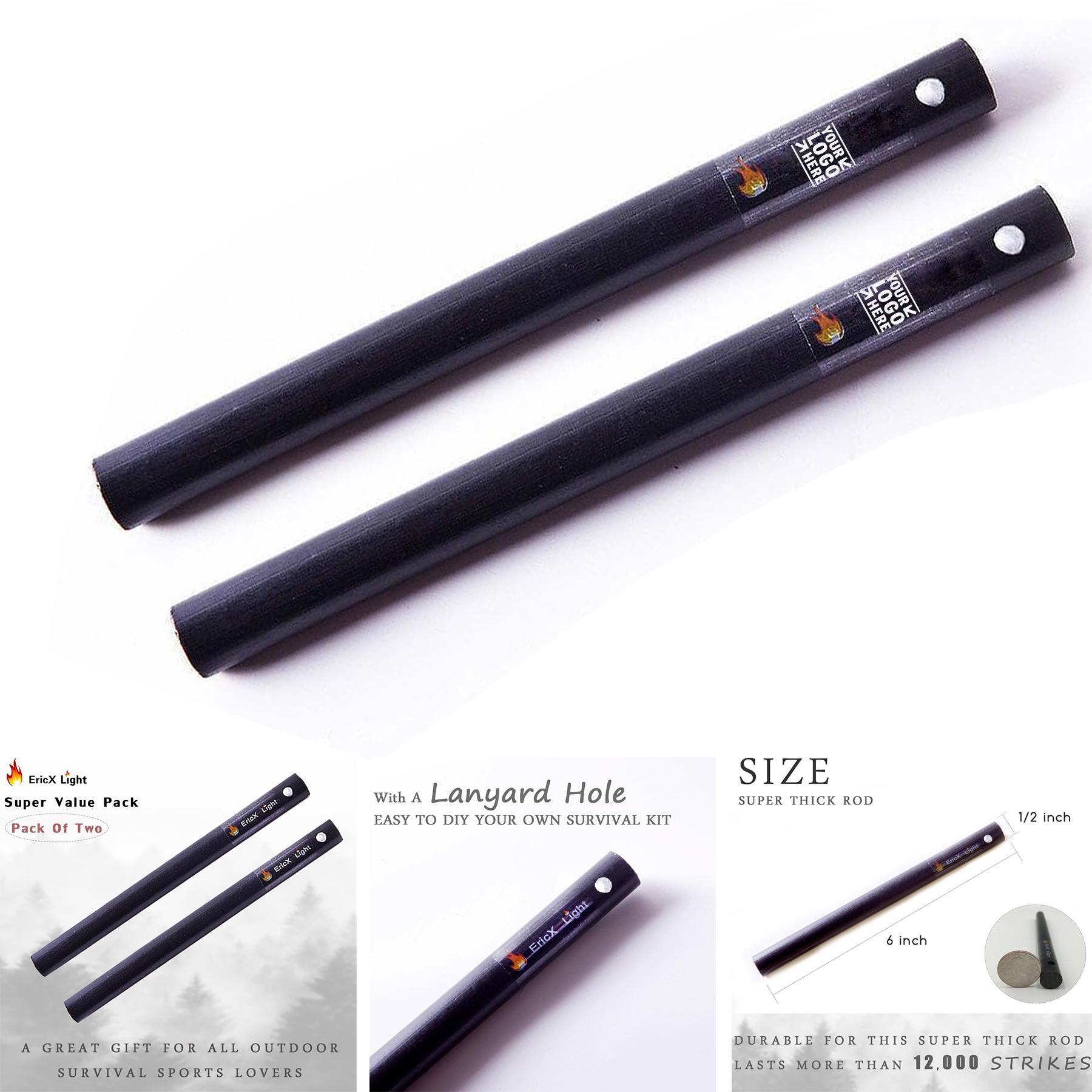2 PCS 1/2 Inch X 6 Inch Drilled A Lanyard Hold Ferrocerium Super Thick Rod Flint Fire Starter 2