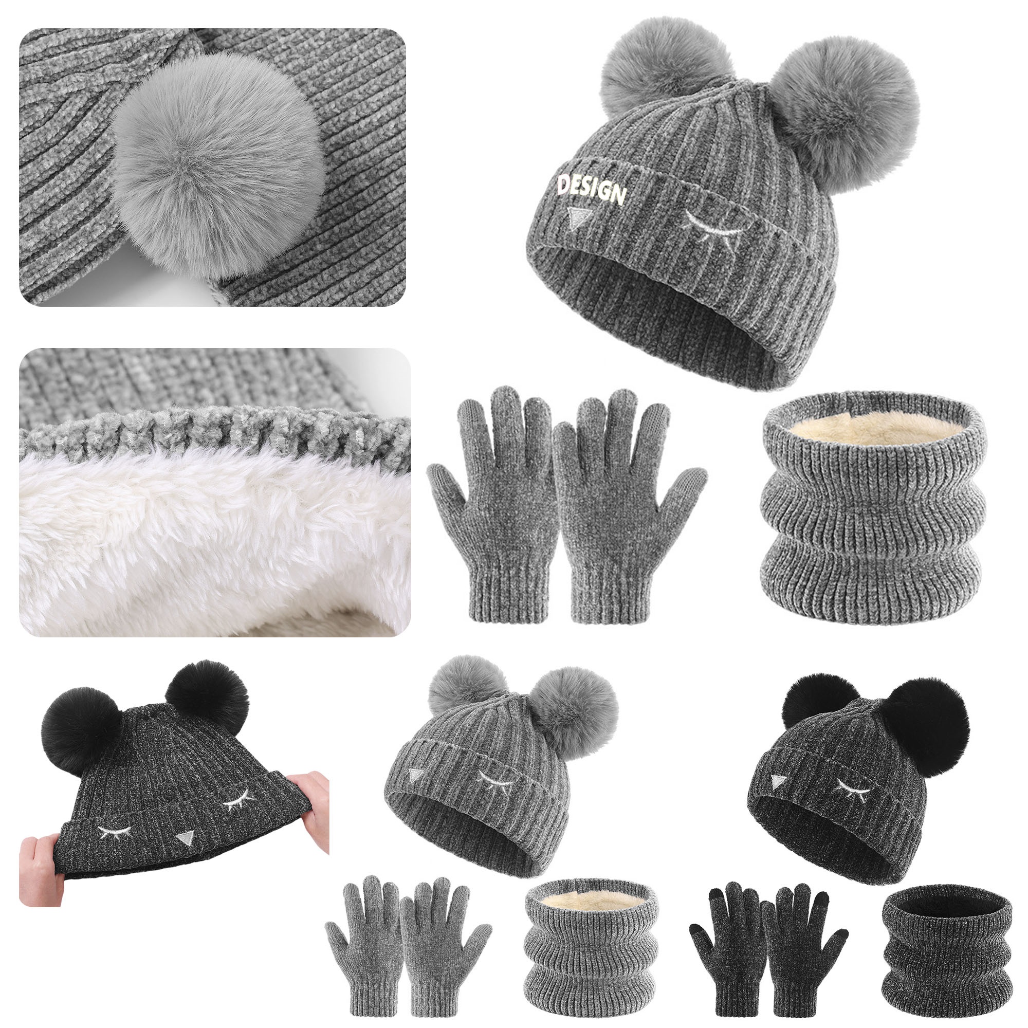 Children Three-Piece Winter Velvet Warm Knitted Hat Set 2