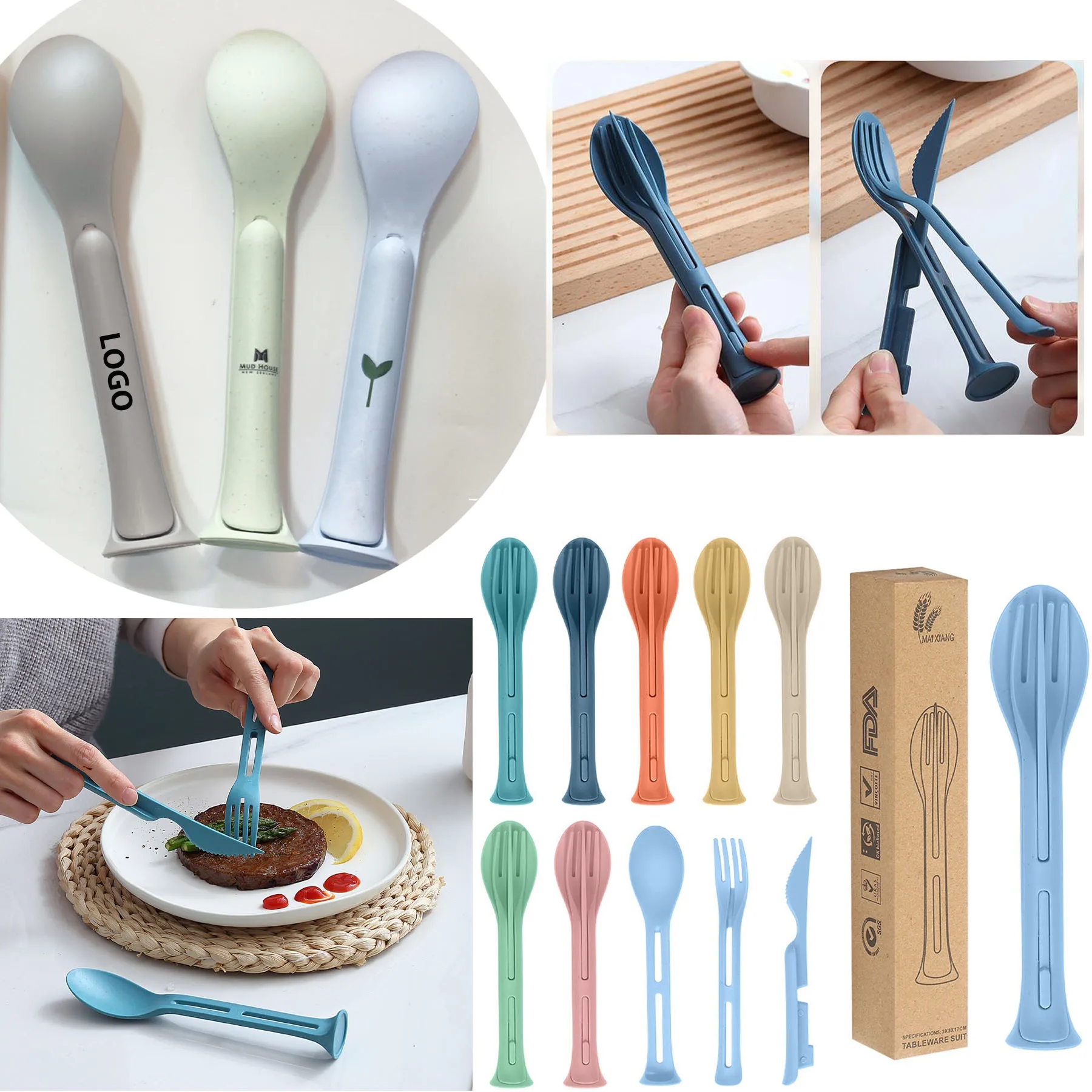 Wheat Straw Three-in-One Portable Cutlery Set 5