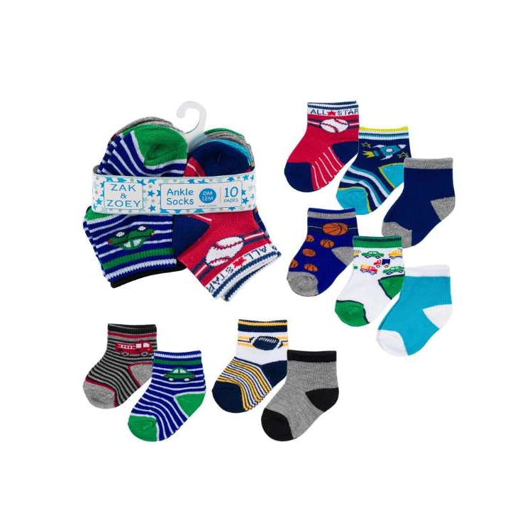 Boys' Ankle Socks - Sports Design 12-24M 10 Pk 2