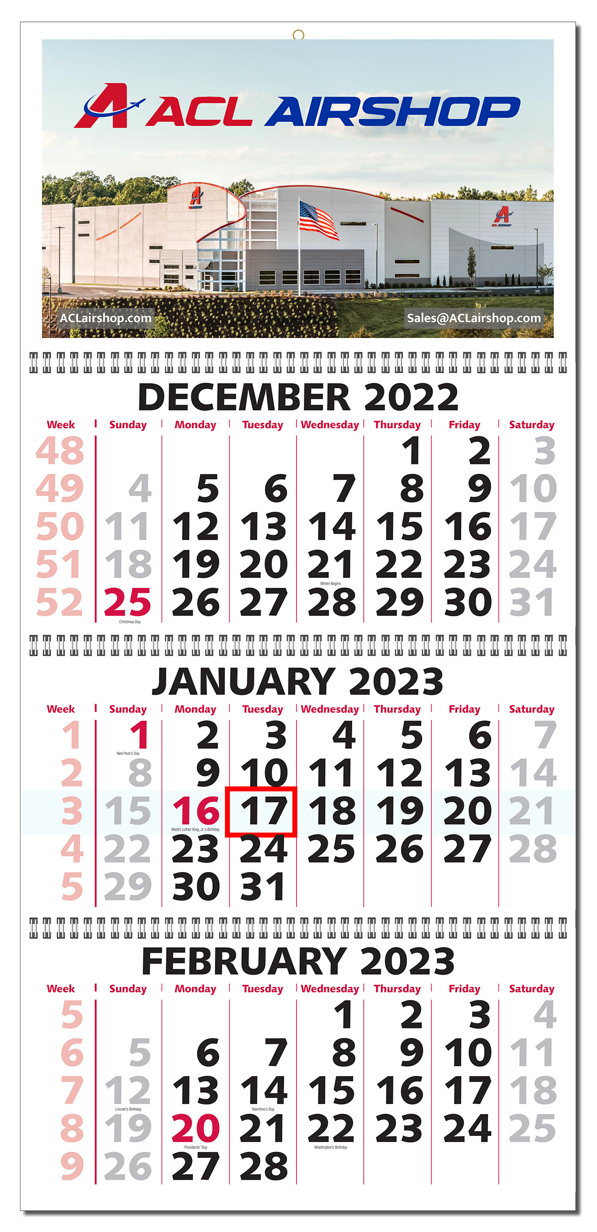 Three Month View Wire-O Bound Wall Calendar