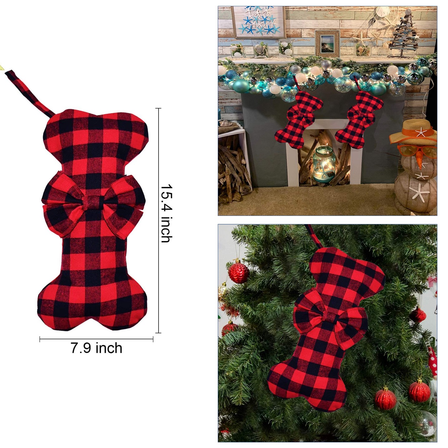 Pet Dog Christmas Stockings Classic Buffalo Red Black Plaid 4