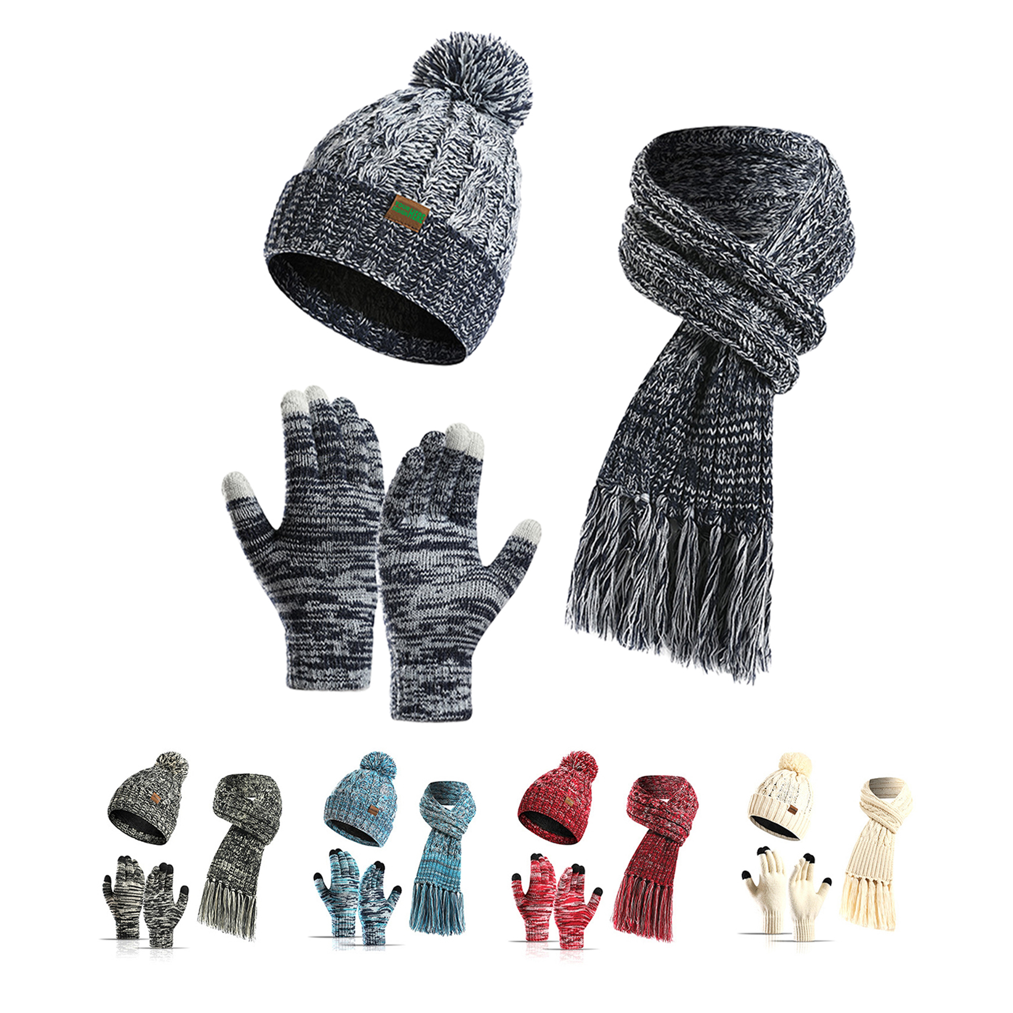 MOQ50 Personalized Winter Knit Hat Scarf Touchscreen Gloves Set 1