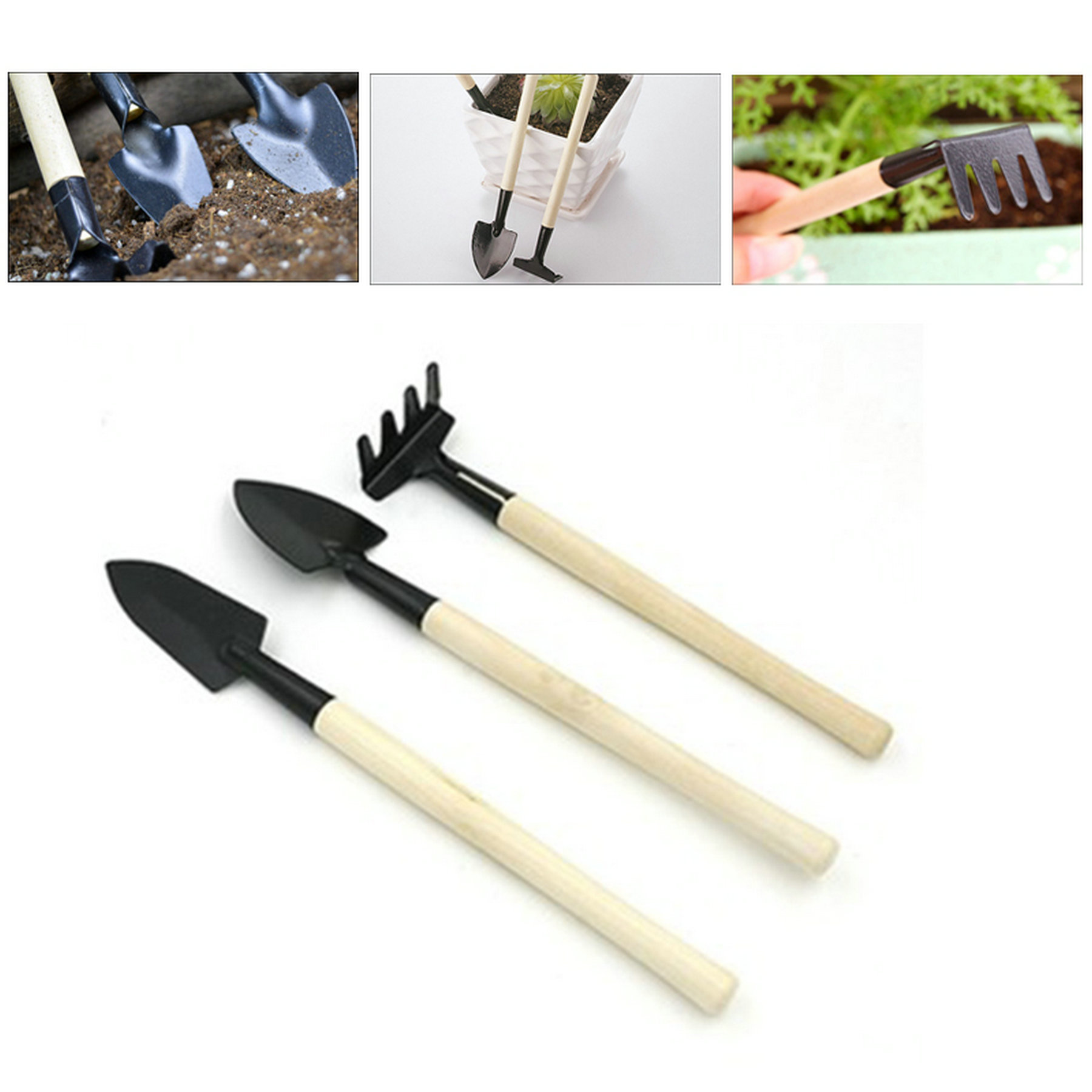 Mini Three-pieces Set Of Wooden Garden Tools 1