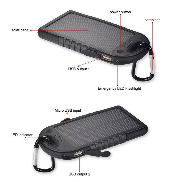 5000mAh Waterproof Solar Power Bank with Carabiner & Flashlight 3