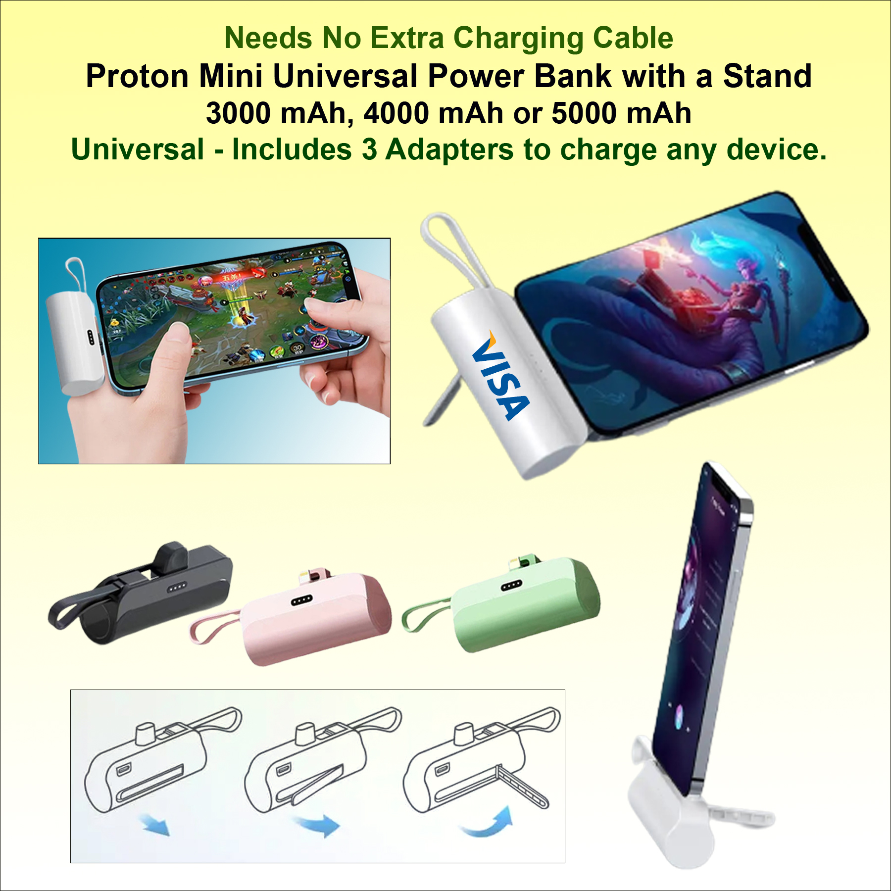 Proton Mini Universal Power Bank with integrated stand, Universal, 5000 mAh – Includes 3 adapters to