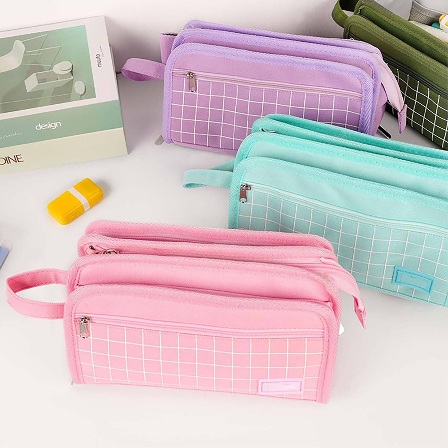 3 Compartment Portable Canvas Stationery Large Pencil Case 3