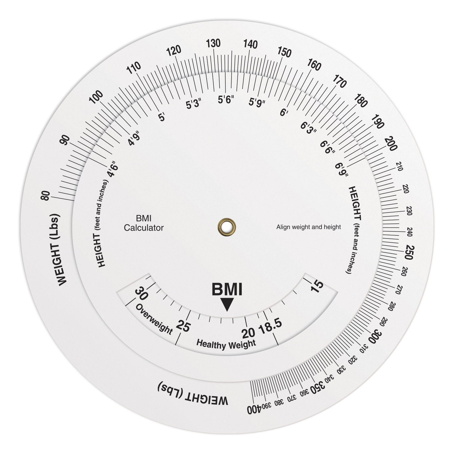 .020 White Plastic Body Mass Index Wheel Calculator (6" dia.), Full Colour