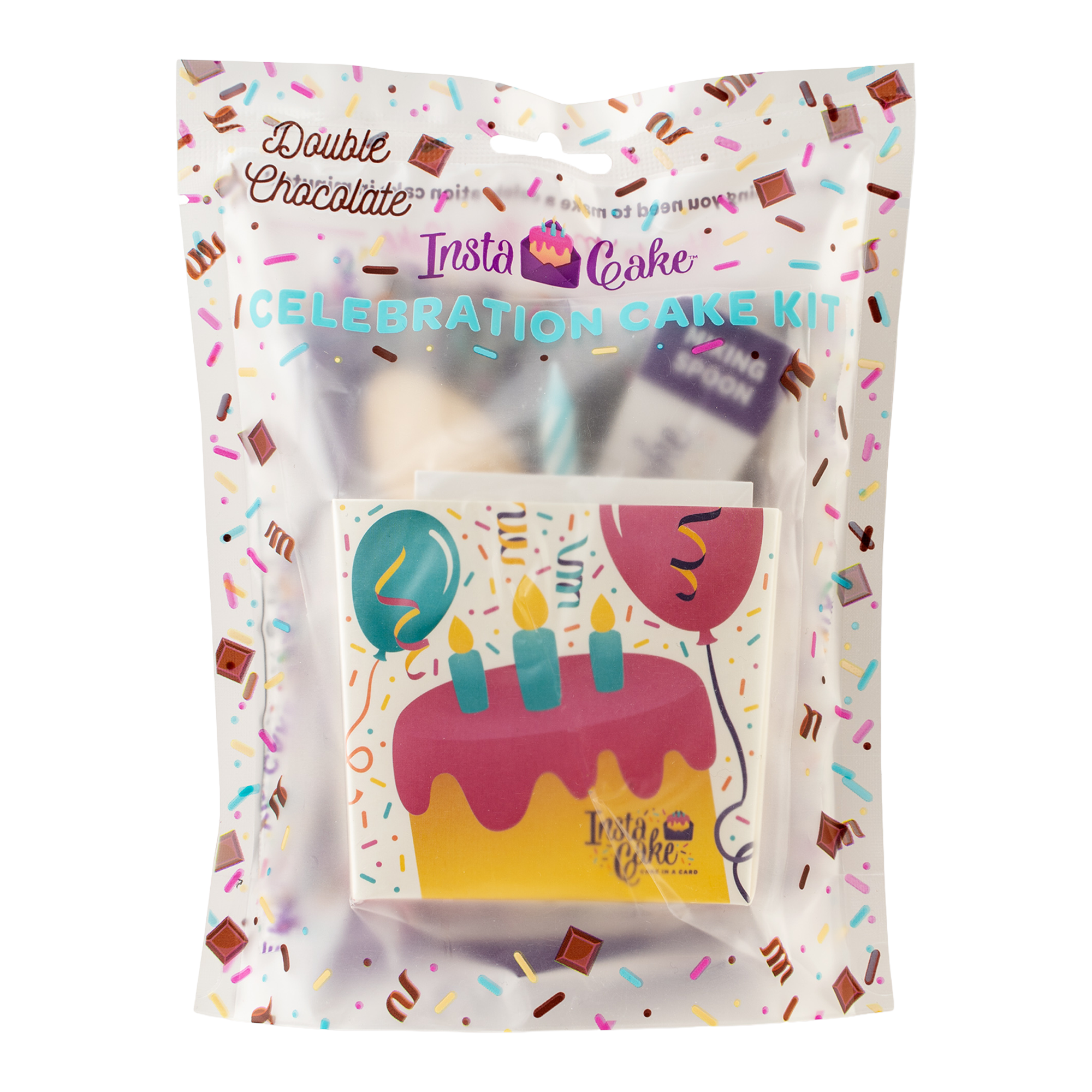 All-in-one celebration kit with a pop-up baking case, cake mix, frosting, sprinkles, candle, spoon, and water measure—just add water and microwave. 6