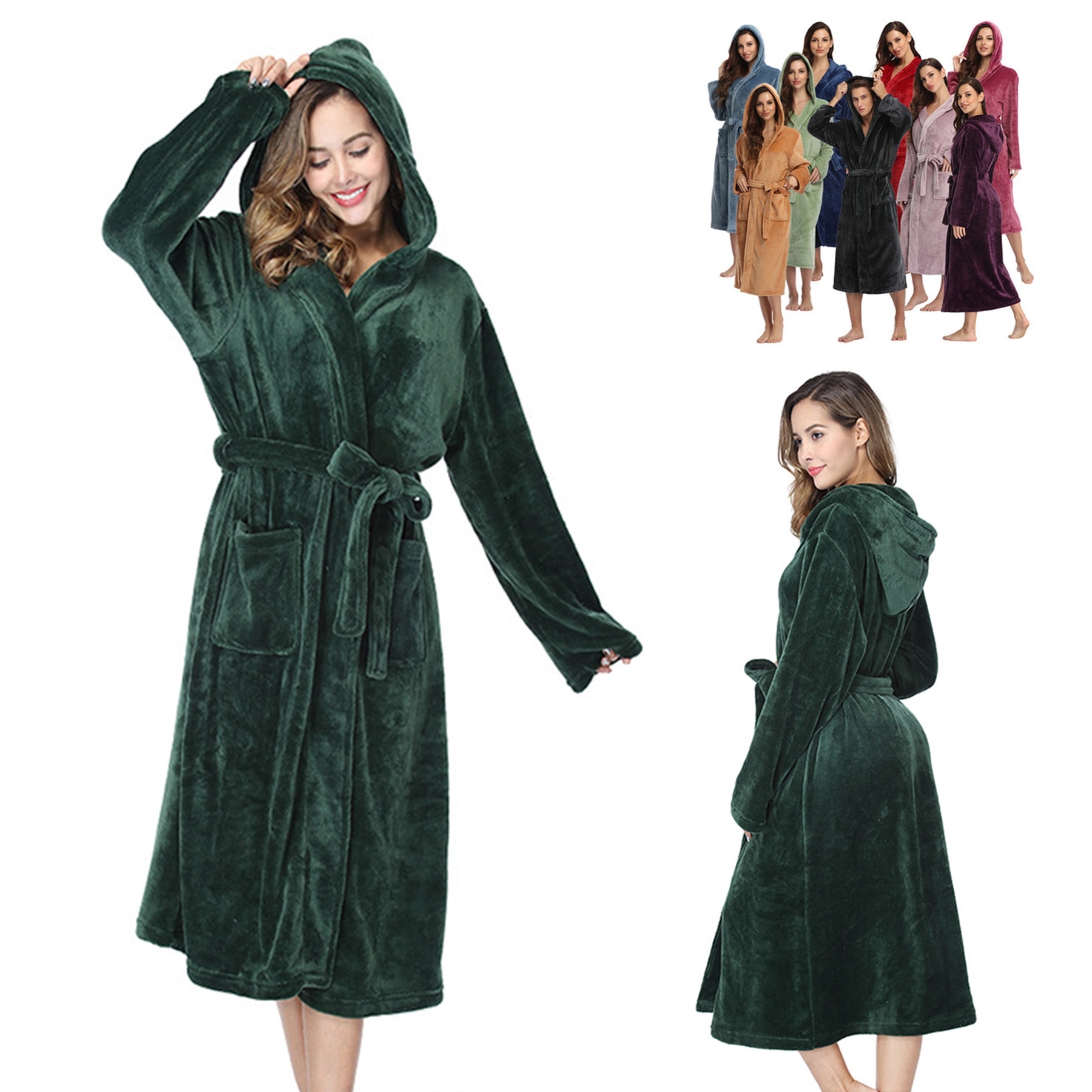 Flannel Hooded Kimono Bath Robe Gown 2