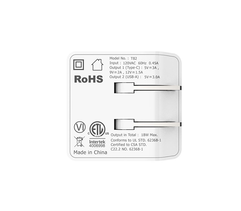 Dual Port USB Foldable Wall Plug Charger - PD 18W + QC3.0 3