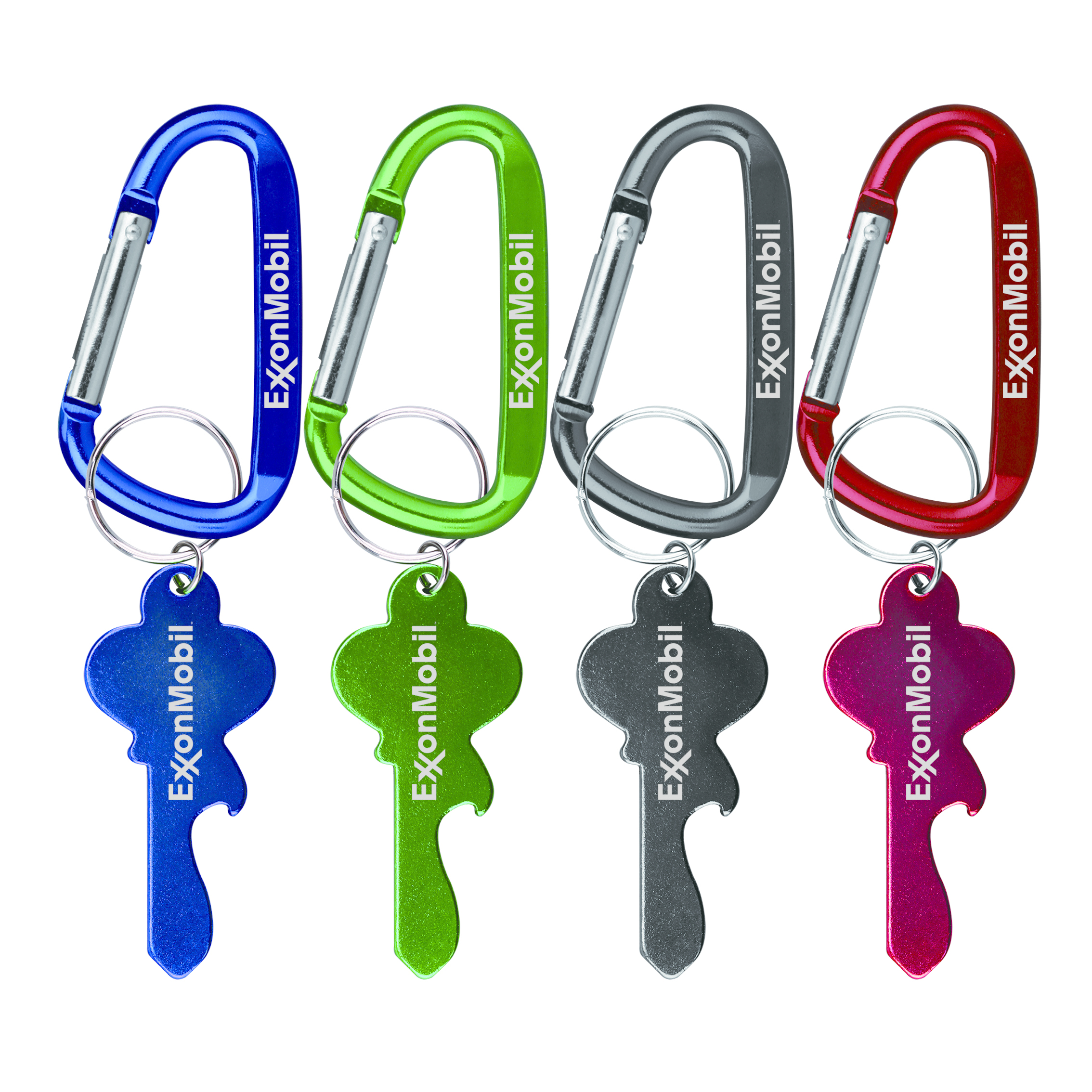 Key shape bottle opener with key ring and carabiner
