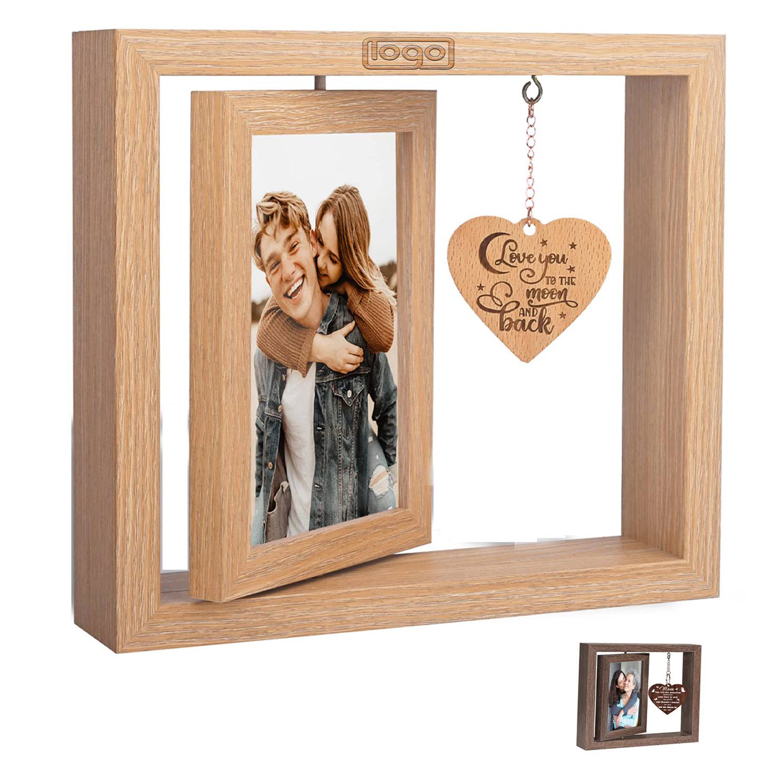 Custom Wooden Rotating Dual-Side Photo Frame w/Heart Pendant 5