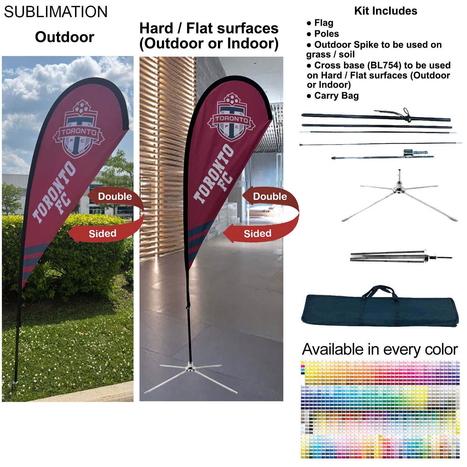 7.5' X-Small Tear Drop Flag Kit, Full Color Graphics 2 Sided, Outdoor Spike base, Indoor Cross Base 10