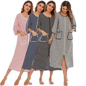 Zipper Front Half Sleeve Stripe Long Loungewear Women 1