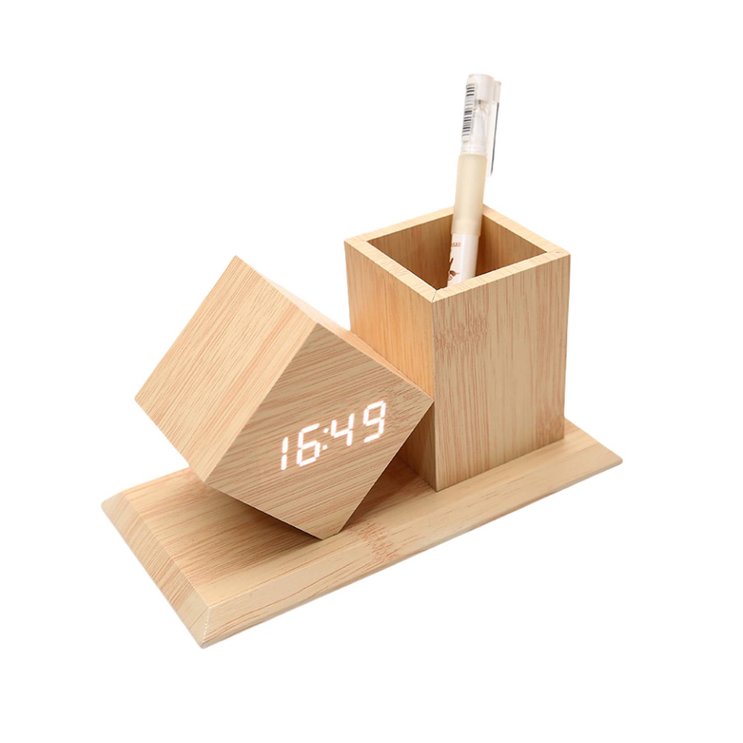 Students Wooden Voice Controlled LED Pen Holder Alarm Clock 3