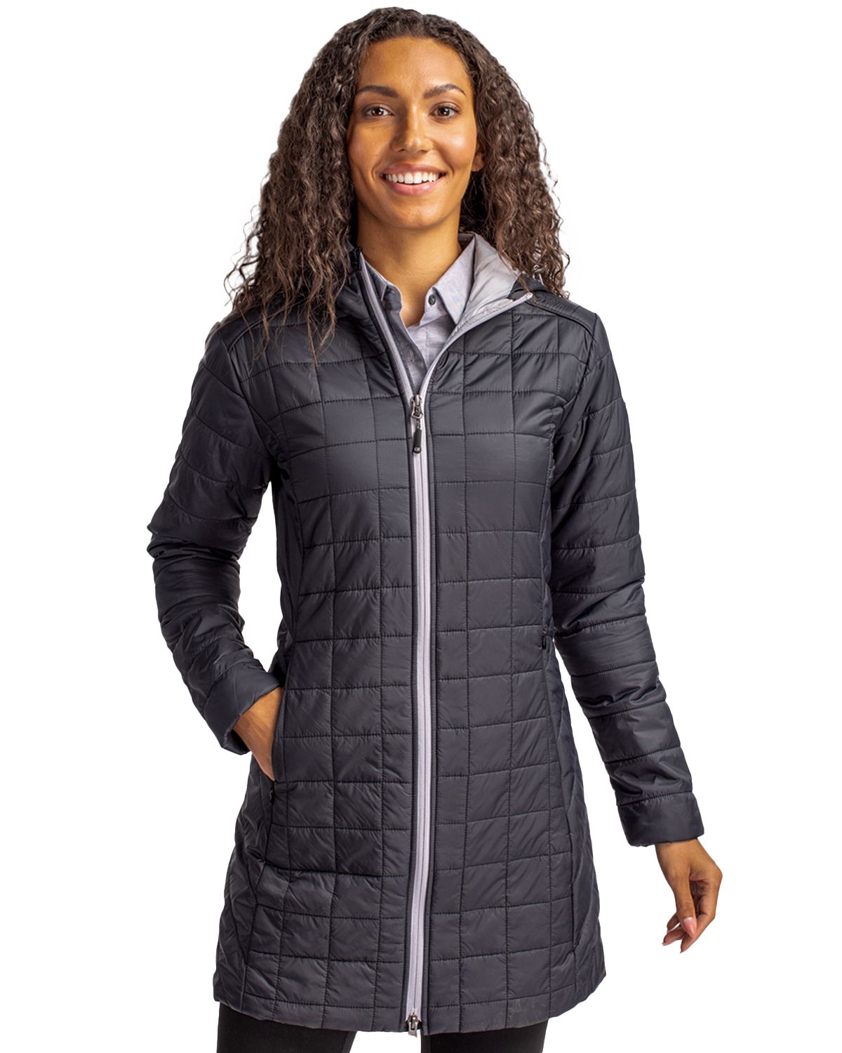 Cutter & Buck Rainier Recycled Insulated Puffer Womens Full Zip Hooded Long Coat 7
