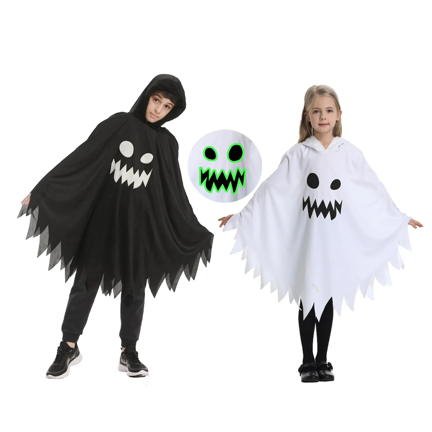 Child Scary Smiling Ghost Halloween Costume Dress with Hood 3