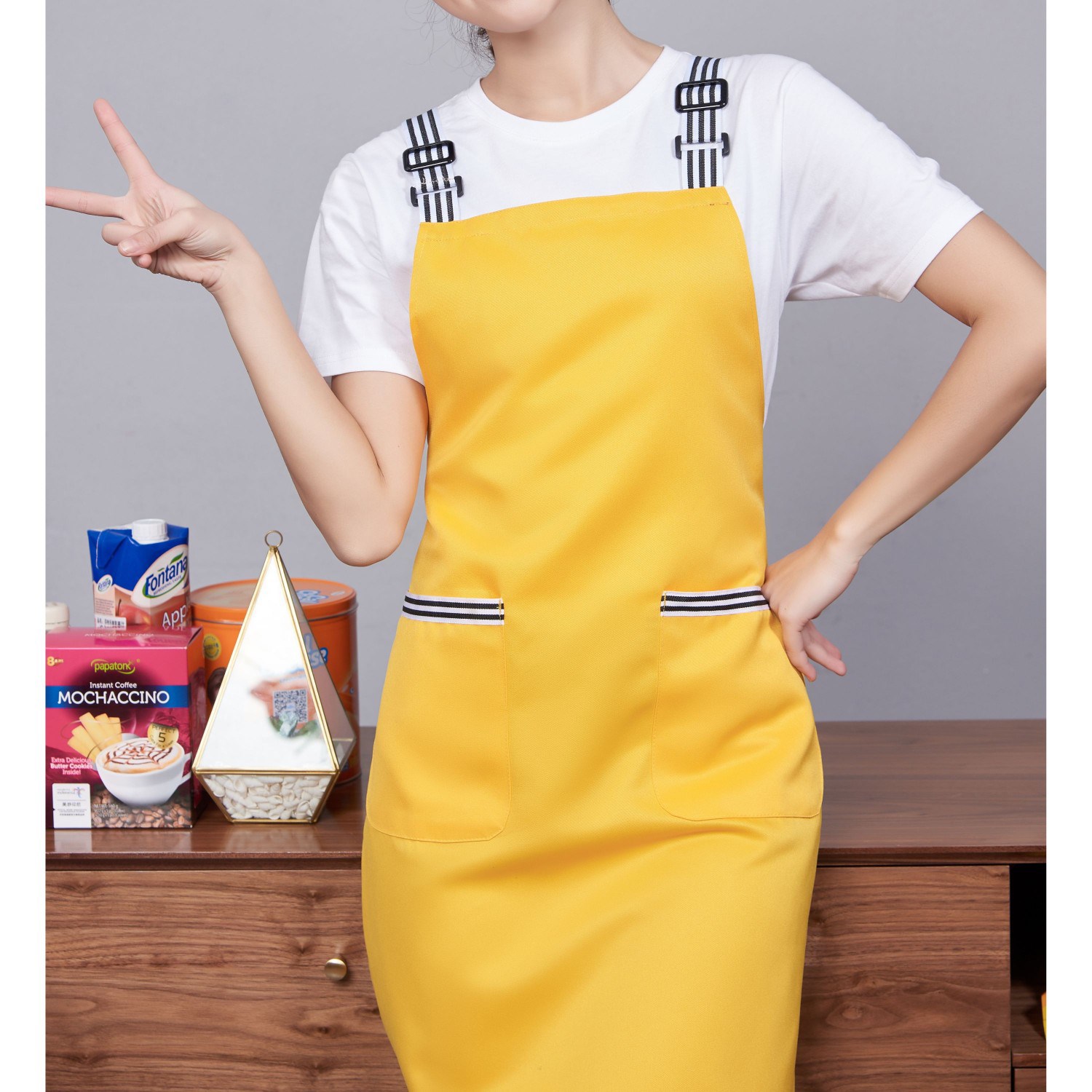 12 oz Woven knitted Kitchen Apron w/ 2 pocket, Striped Strap