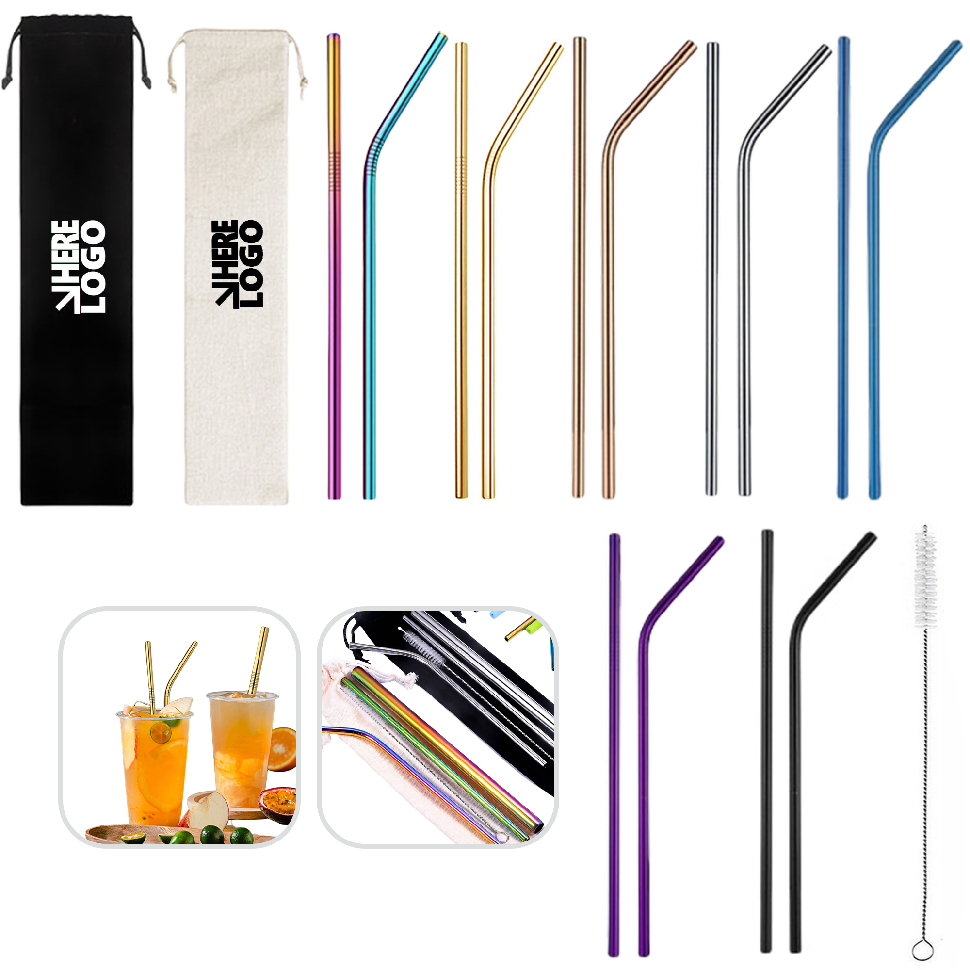 Stainless Steel Metal Straws with Bag and Cleaning Brush 2