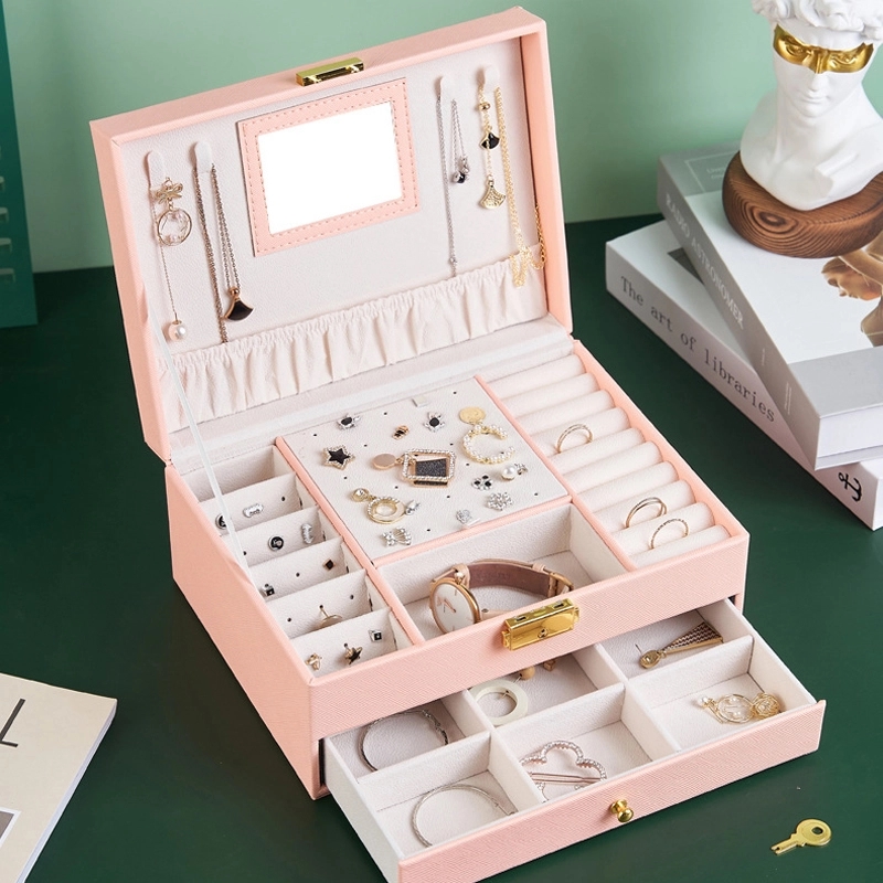 Custom 2-Layer PU Jewelry Organizer Box with Drawer & Mirror 12