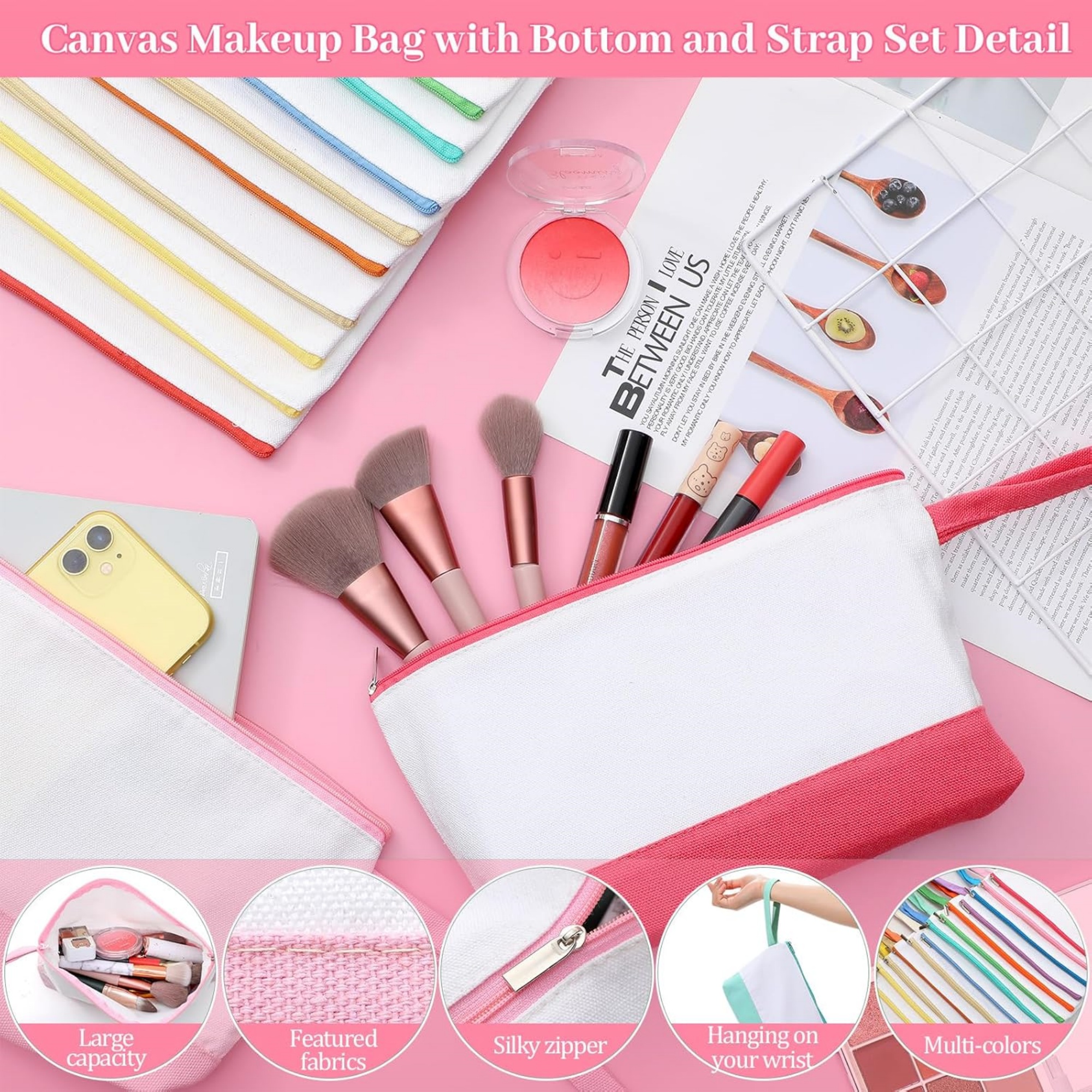 Two Tone Canvas Cosmetic Zipper Bag with Bottom & Strap 5