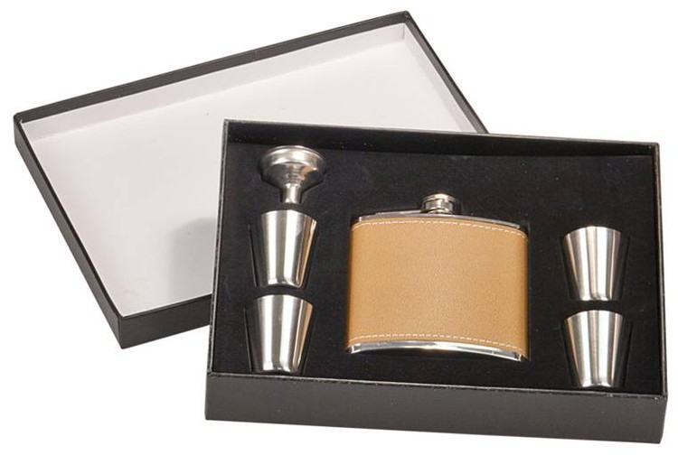 Faux Leather Stainless Steel Flask Gift Set 2
