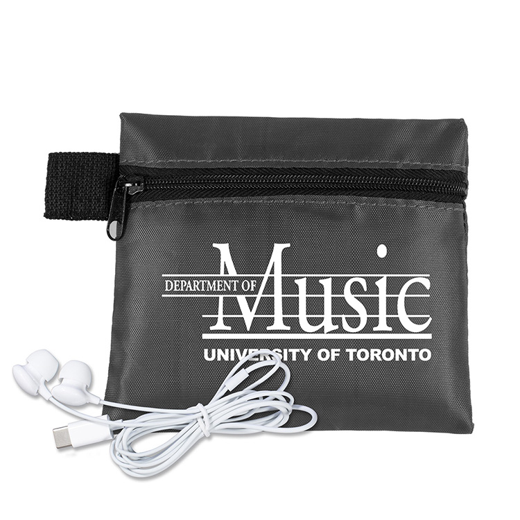 Mobile Tech Earbud Kit In Zipper Pouch Components inserted into Polyester Zipper Pouch 5