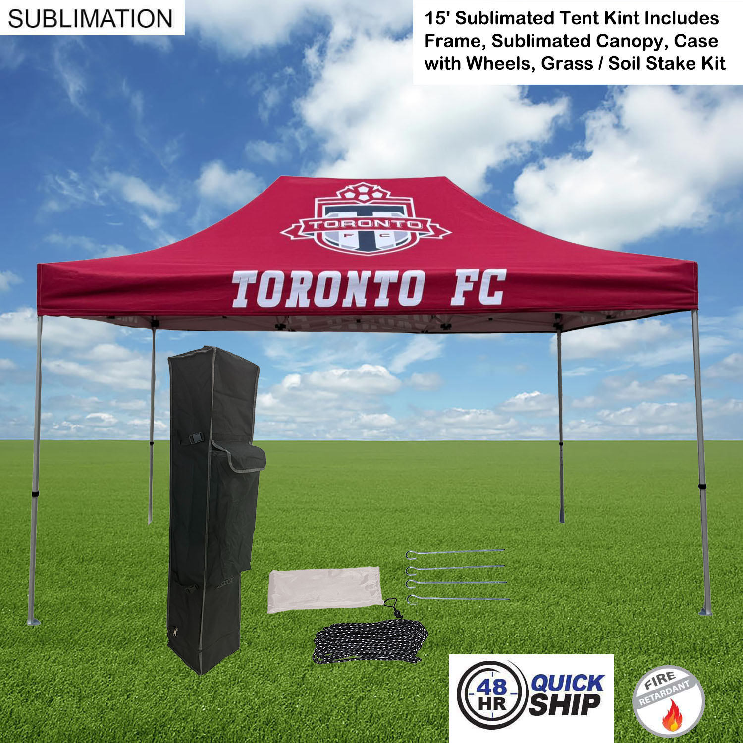 48 Hr Quick Ship - 15' Premium Sublimated Tent Kit, Includes Frame, Canopy, Case, Grass Stake Kit 28