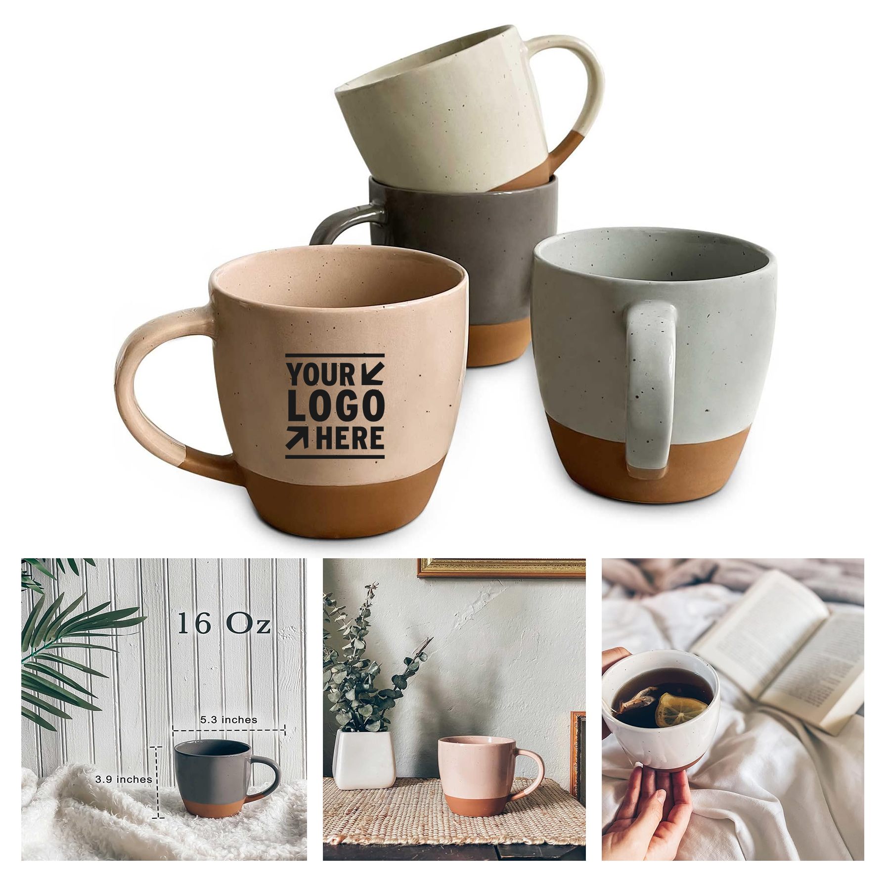 16oz Modern Boho Microwavable Ceramic Large Latte Mug Set Of 4 Porcelain Coffee Cups With Big Handl 2