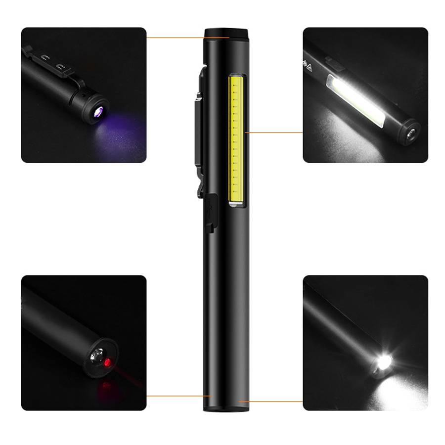 4-in-1 Rechargeable 350 Lumen COB Work Light, 160 Lumen Spot Light, 5mW Red Laser Pointer And 365nm 10