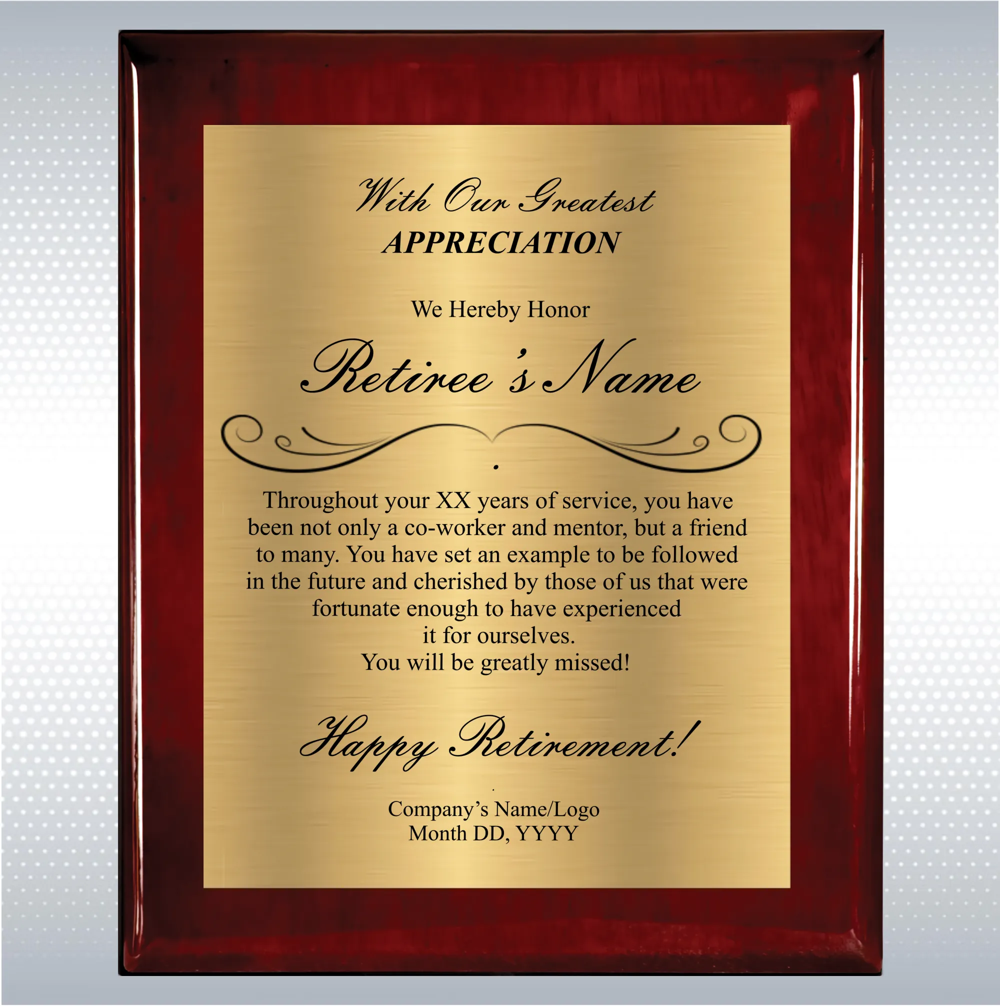 Rosewood Piano Finish Wood Plaque Retirement Gift Award 6