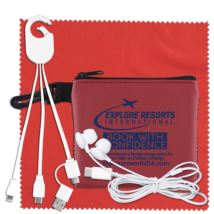 "TechMesh Hang Pro" Mobile Tech Charging Cable Kit in Mesh Zipper Pouch Components inserted into Zip 5